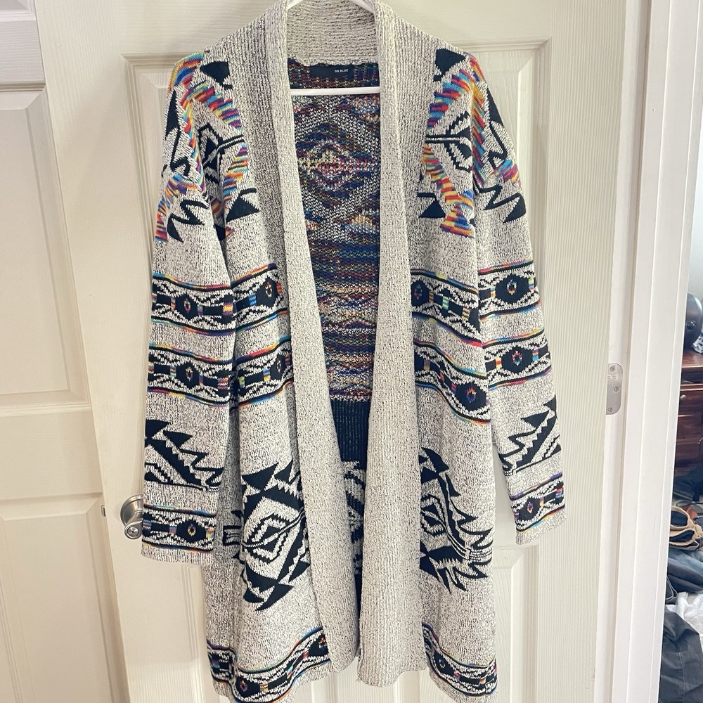 On Blue Cardigan Sweater Women Small Aztec Tribal Western Boho‎ Festival Cozy 1X
